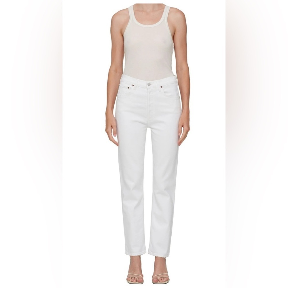 AGOLDE Riley High-Rise Straight Leg Crop Raw Hem Jeans in Blurred White Size 28